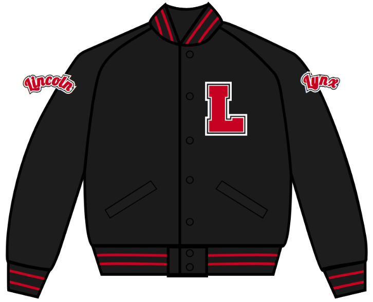 sample image of a letter jacket with red L on chest and Lincoln on one arm Lynx on the other