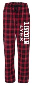 Black and red plaid pajama pants with Lincoln Lynx in white lettering on upper leg