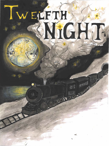 Artists drawing of train traveling in the night with the words Twelfth Night in the clouds