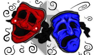 Theatre masks in red and blue